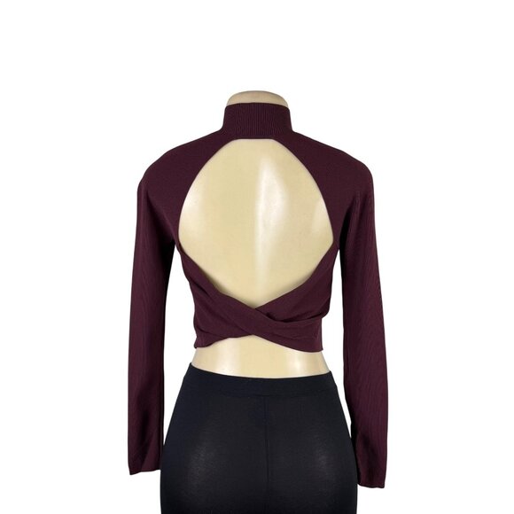 Lululemon Womens Burgundy Ribbed Long Sleeve Crop Top Open Back  Sz M - Picture 4 of 9